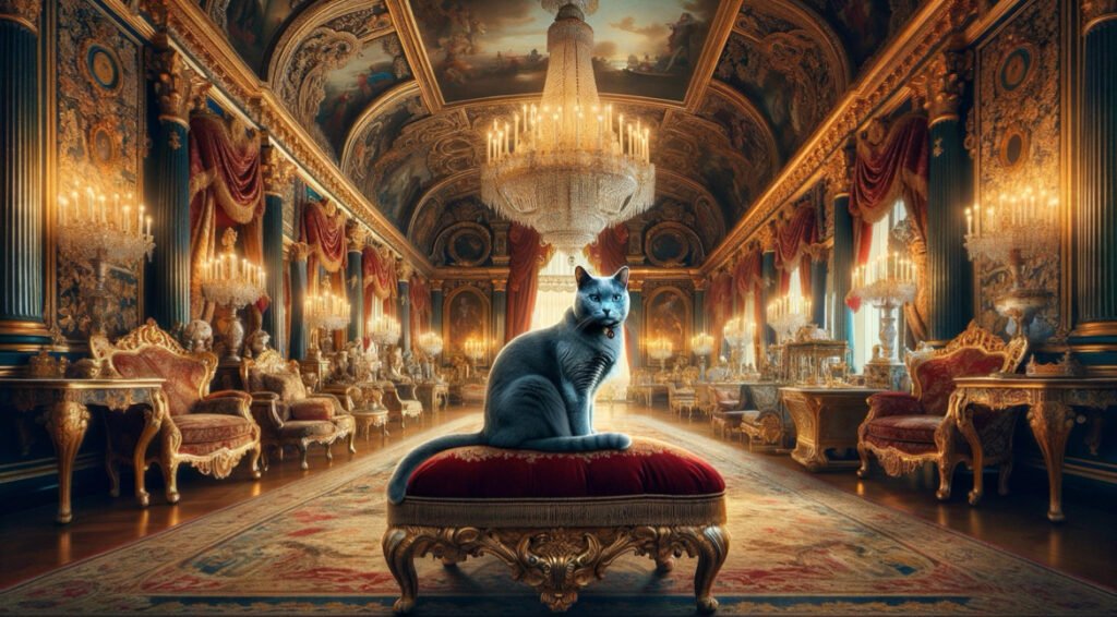 王宮の猫ロシアンブルーその姿はまさに貴族