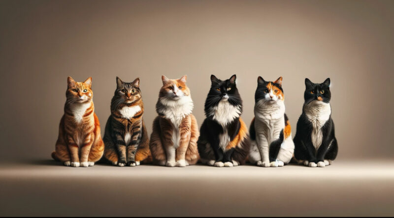 五匹の混血種猫が行儀良く並んでいる