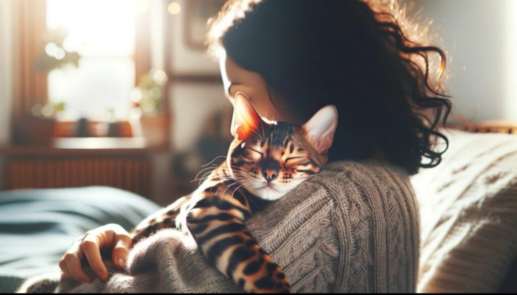 抱っこされるベンガル猫