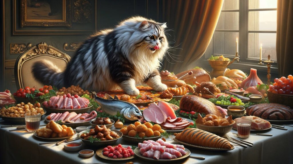 ラガマフィン猫とテーブルいっぱいのご馳走