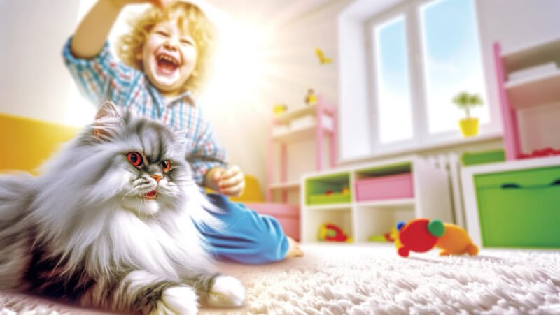猫と子供が遊ぶ写真