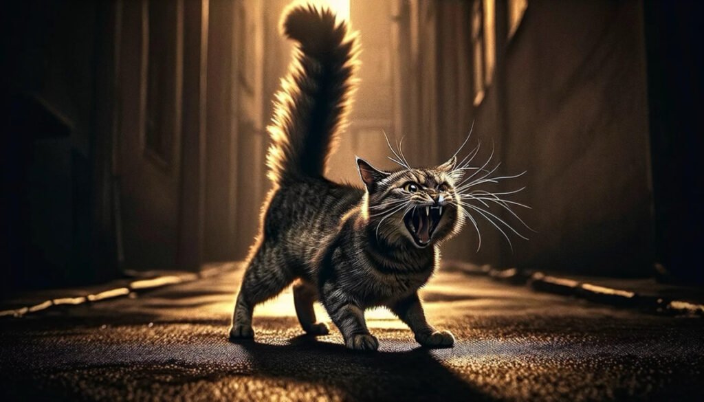 恐怖と怒りから猫は毛を逆立てて怒りを表します