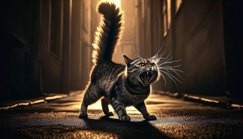 恐怖と怒りから猫は毛を逆立てて怒りを表します