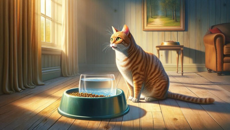 水と餌を前に座る猫