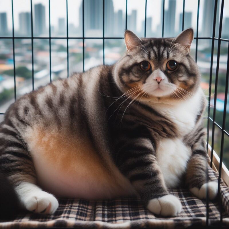 ケージの中で過ごしすぎて太った猫