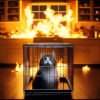 ケージの中で火事にびっくりしている猫