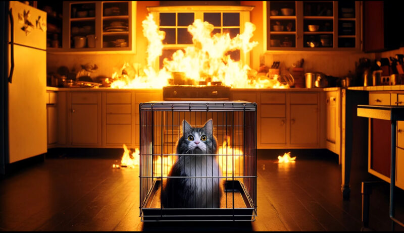 ケージの中で火事にびっくりしている猫