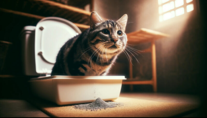 トイレで排便する猫
