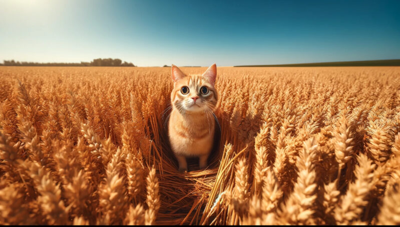 小麦畑で沈黙している猫