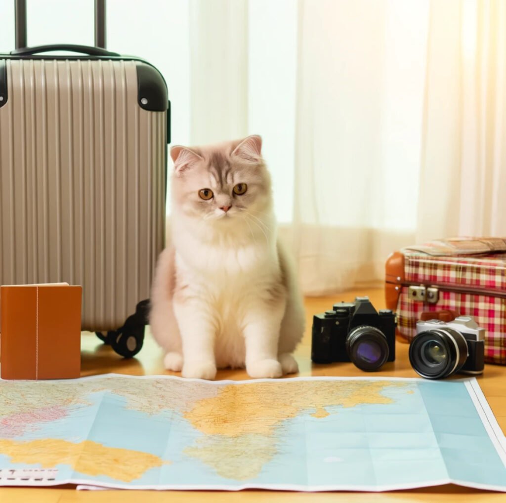 旅行の段取りをする猫