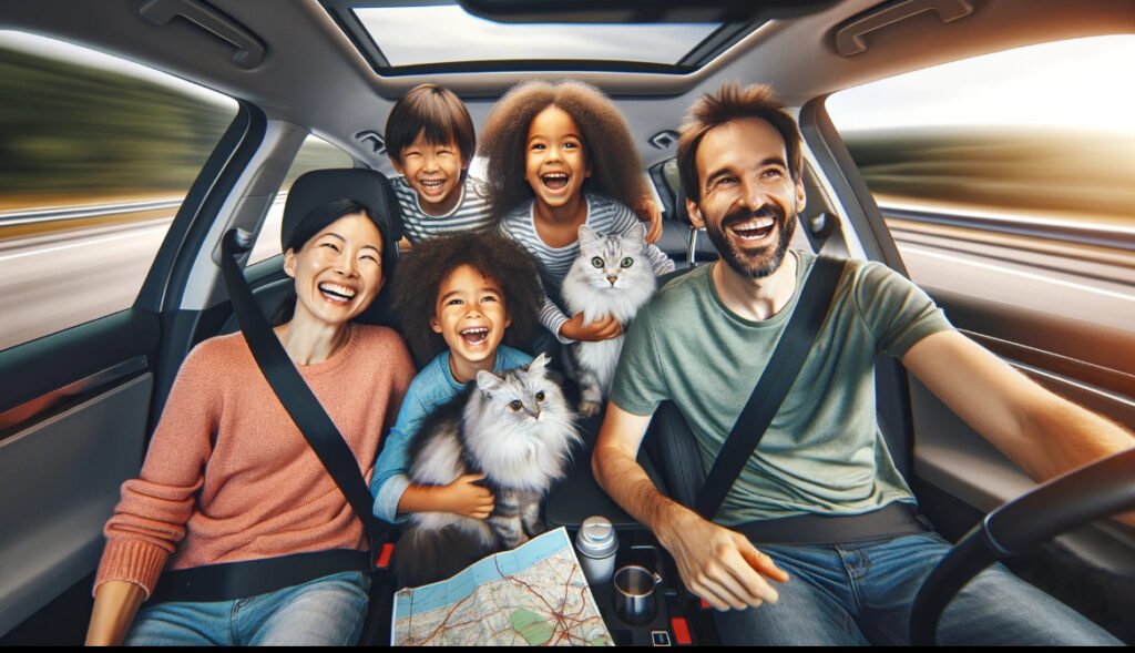 車で家族と旅行をする猫