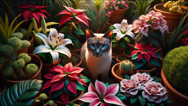 猫にとって有害な植物に囲まれている猫