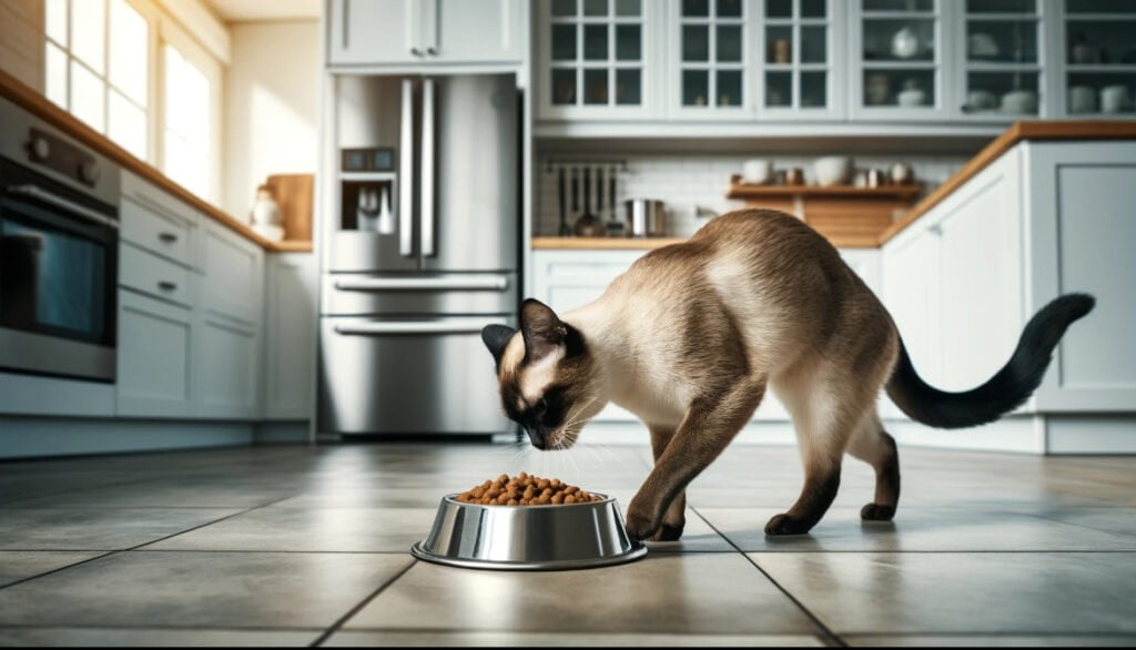 食べ物に砂かけの仕草をする猫