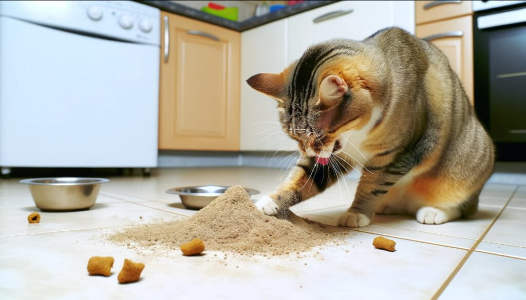 砂に食べ物を埋める猫