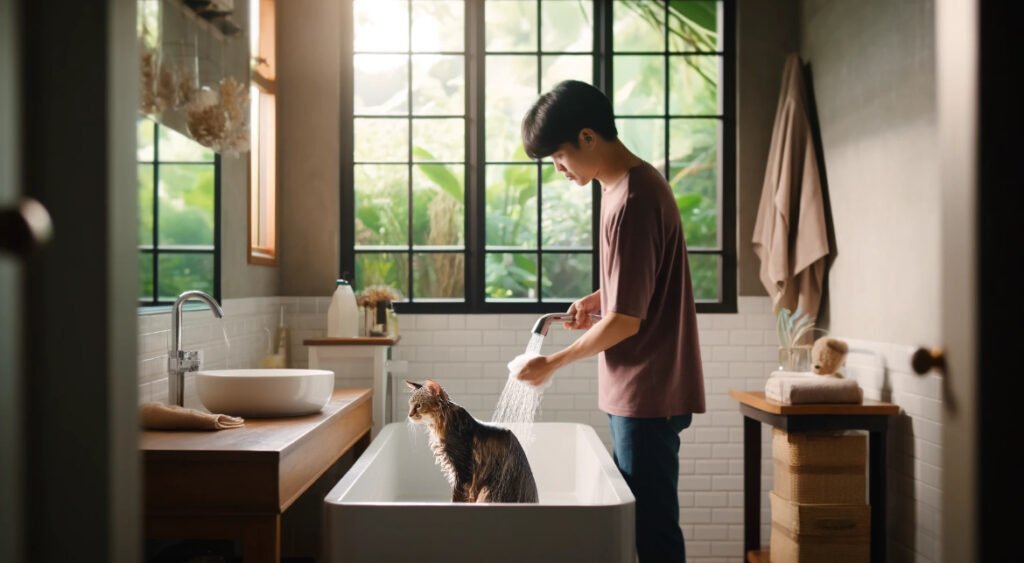 お風呂前に濯ぎをする猫